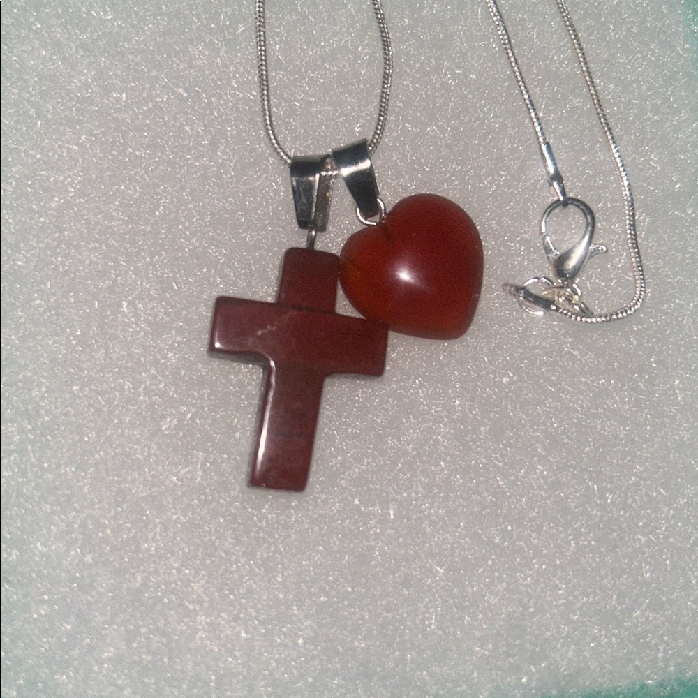Boho Red Jasper Cross and Carnelian Heart Sterling Silver 16” Neckl…
